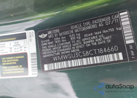 2012 Mini Cooper z USA, uszkodzony, nr VIN WMWSU3C58CT184660